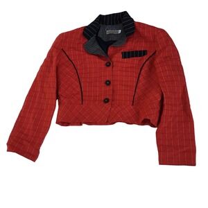 Canvasbacks‎ Red Windowpane Plaid Cropped Blazer Jacket Pinstripe Trim 6P
